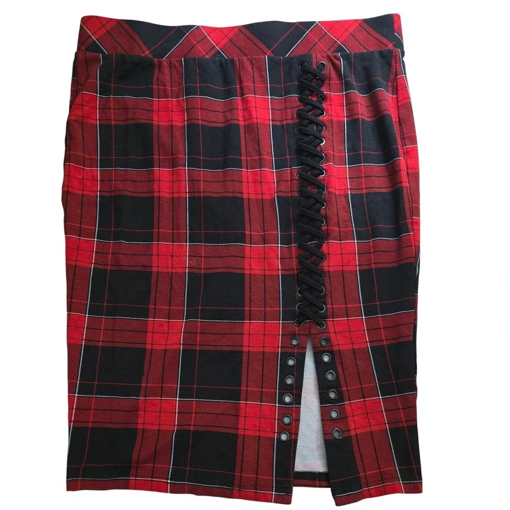 Torrid Goth Punk Red Black Plaid Lace Up Grommet Slit Pencil Skirt  2XL Grunge